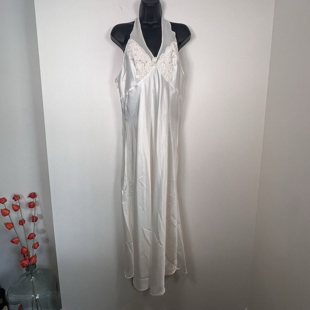 Vintage ETIENNE Liquid SATIN Full Dress SLIP Chemise GOWN Floral Lace ~L 38-40
